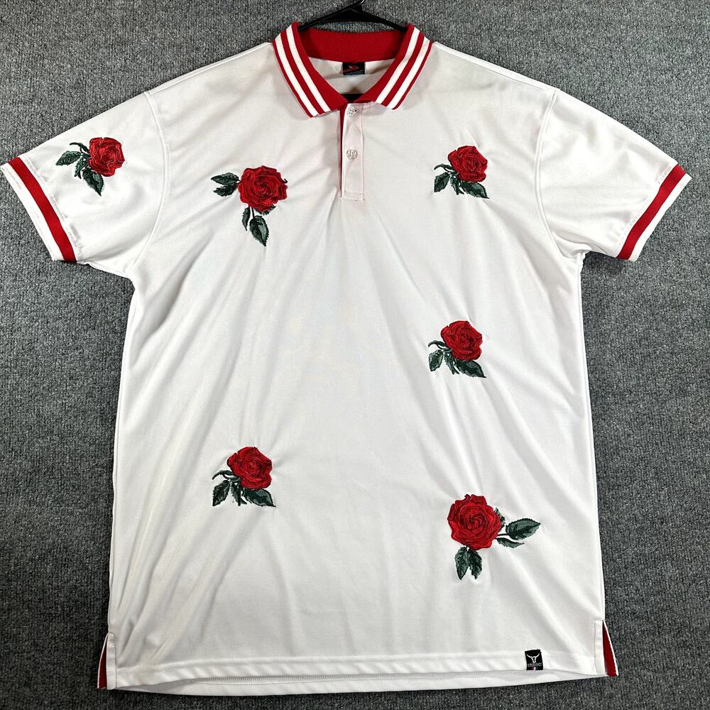 Screenshot White Polo Shirt 2XL Red Rose Embroidered Floral Streetwear Y2K